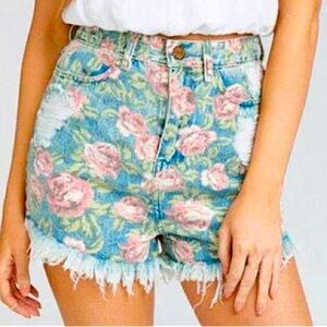 NWT Show Me Your Mumu Floral Denim Shorts High Waist Size 24